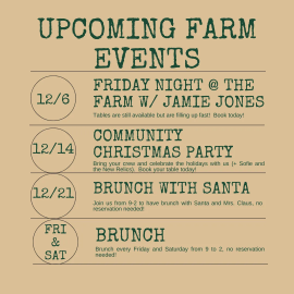 12/6- Friday Night with Jamie Jones, reservations required
12/14- Community Christmas, reservations required
12/21- Brunch with Santa (9-2), no reservations required

FRIDAY & SATURDAY- Brunch available 9-2, no reservations required